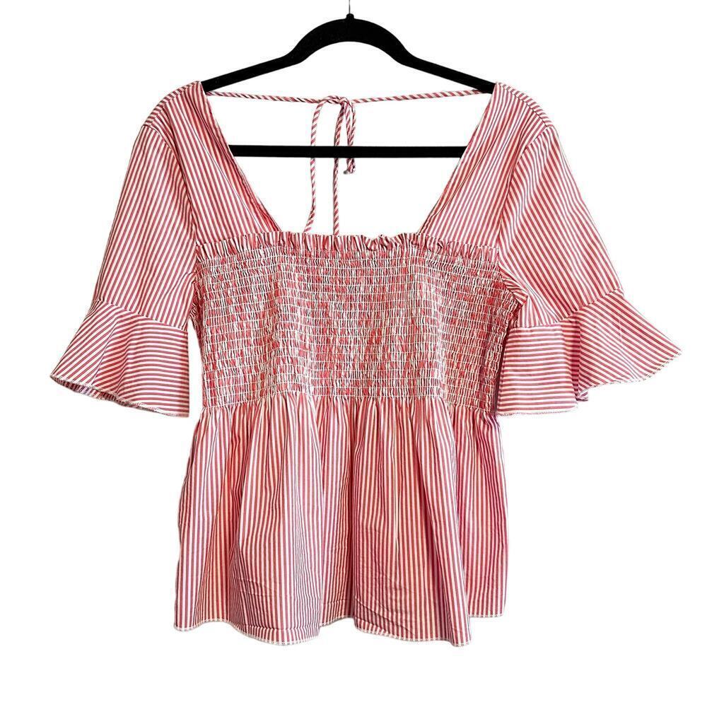 Mango MNG Red White Striped Smocked Tie Back Peplum Top Size 4
